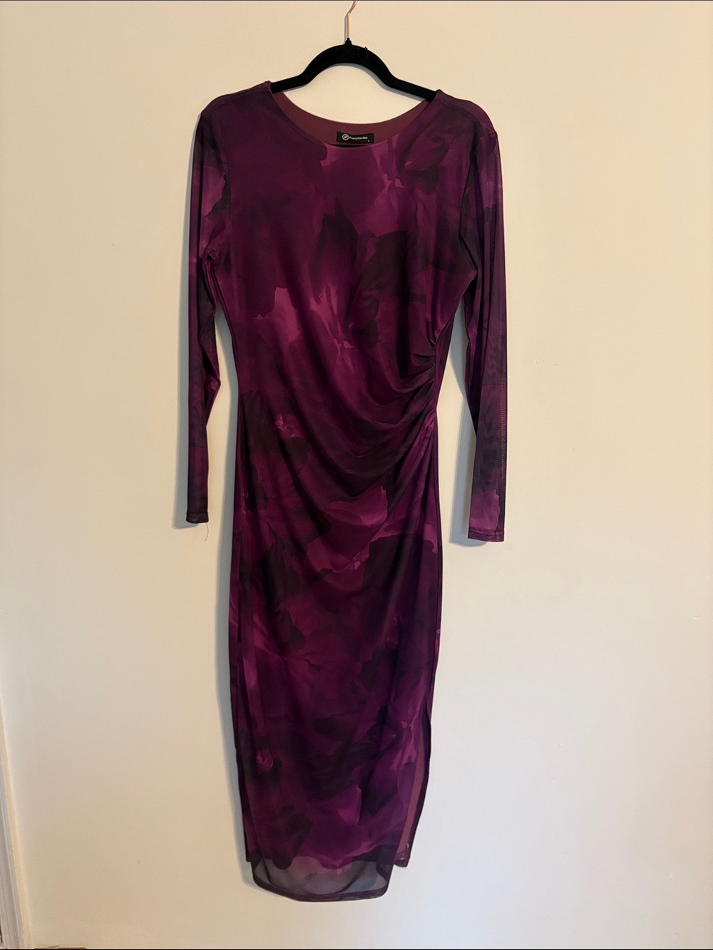 Long Sleeve Ruched Midi Dress in Deep Plum